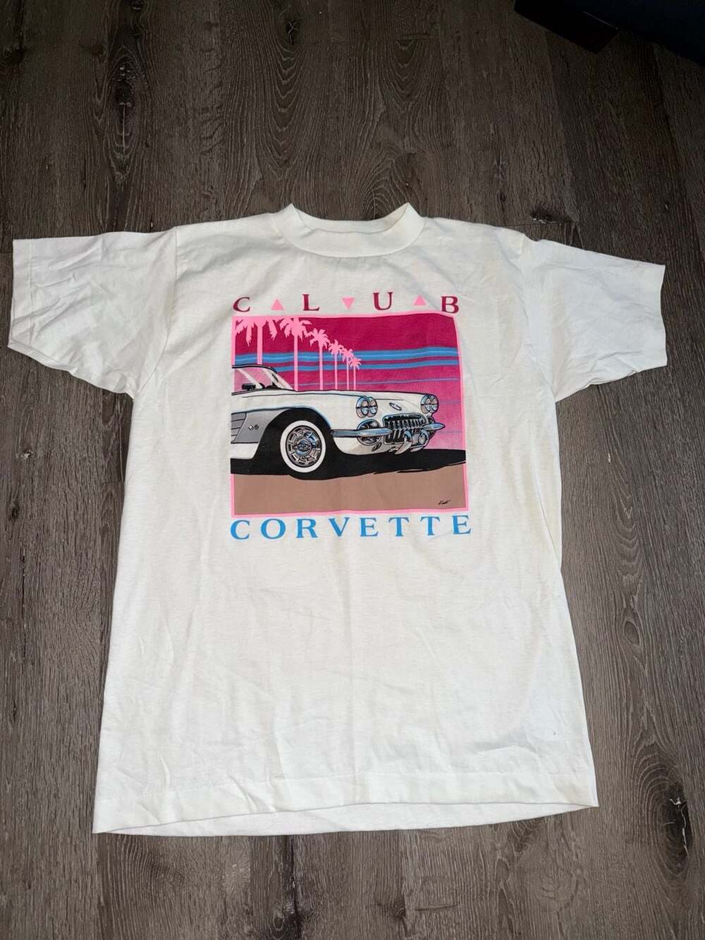 Alore Corvette T-Shirt Size L Vintage 80s California Palm Trees Car White